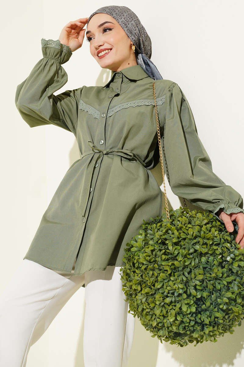 Guipure-Detail Shirt with Elastic Cuffs - Khaki