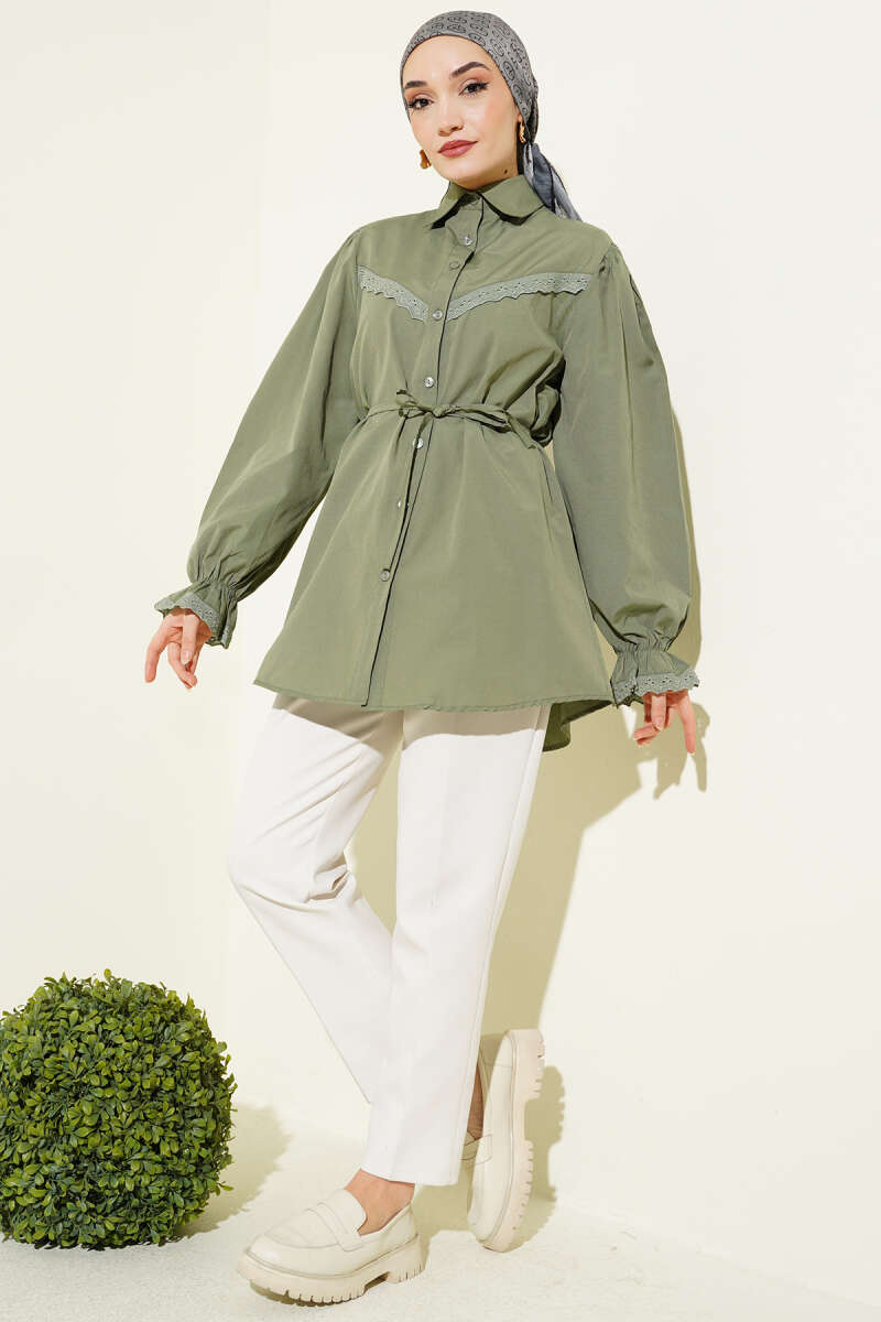 Guipure-Detail Shirt with Elastic Cuffs - Khaki
