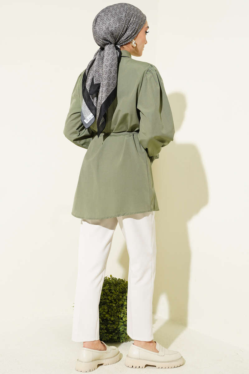 Guipure-Detail Shirt with Elastic Cuffs - Khaki