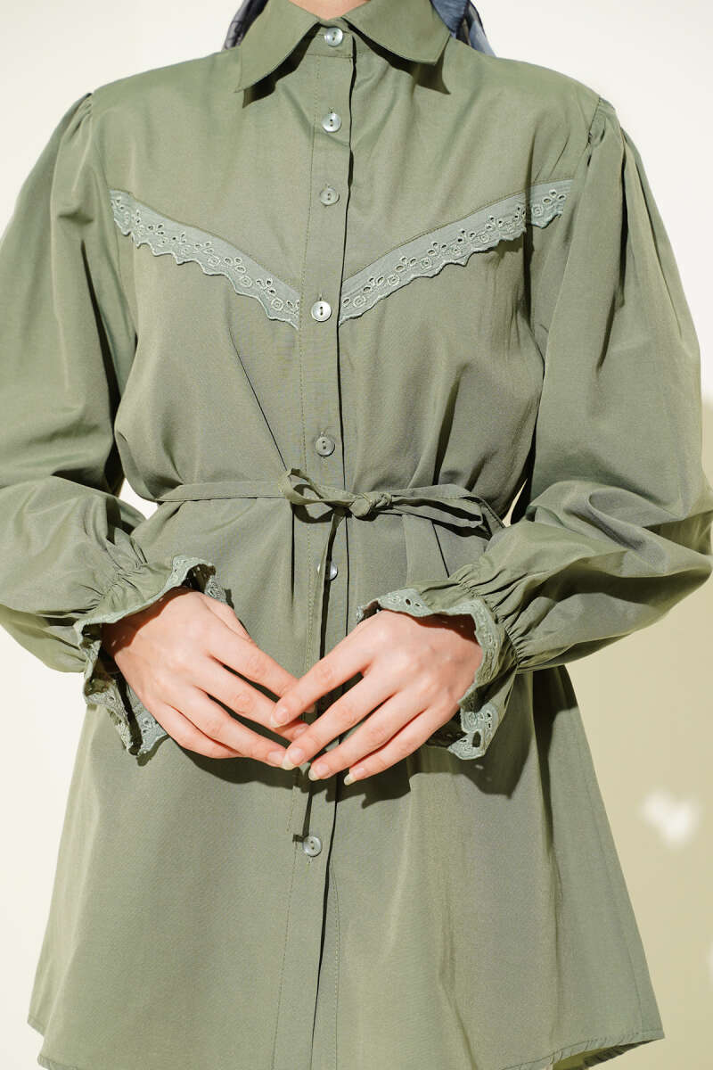 Guipure-Detail Shirt with Elastic Cuffs - Khaki