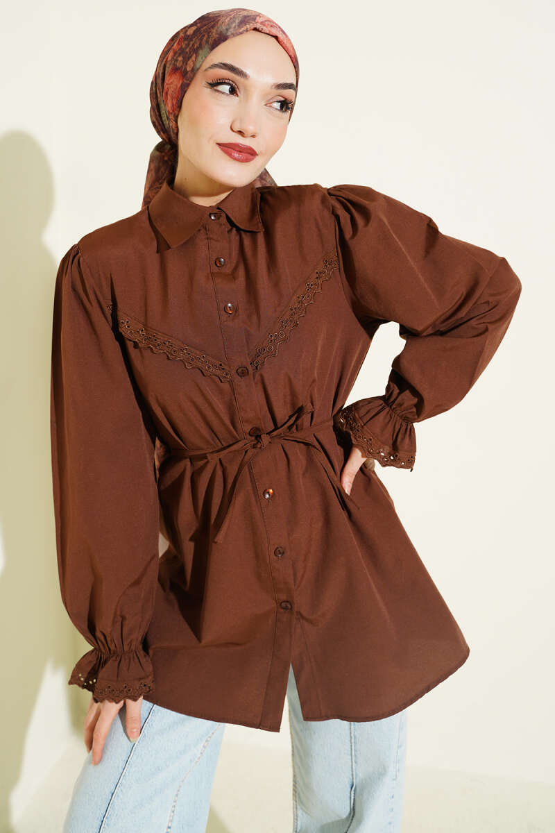 Guipure-Detail Shirt with Elastic Cuffs - Brown