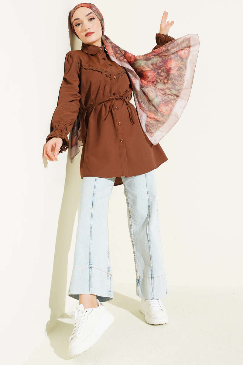 Guipure-Detail Shirt with Elastic Cuffs - Brown