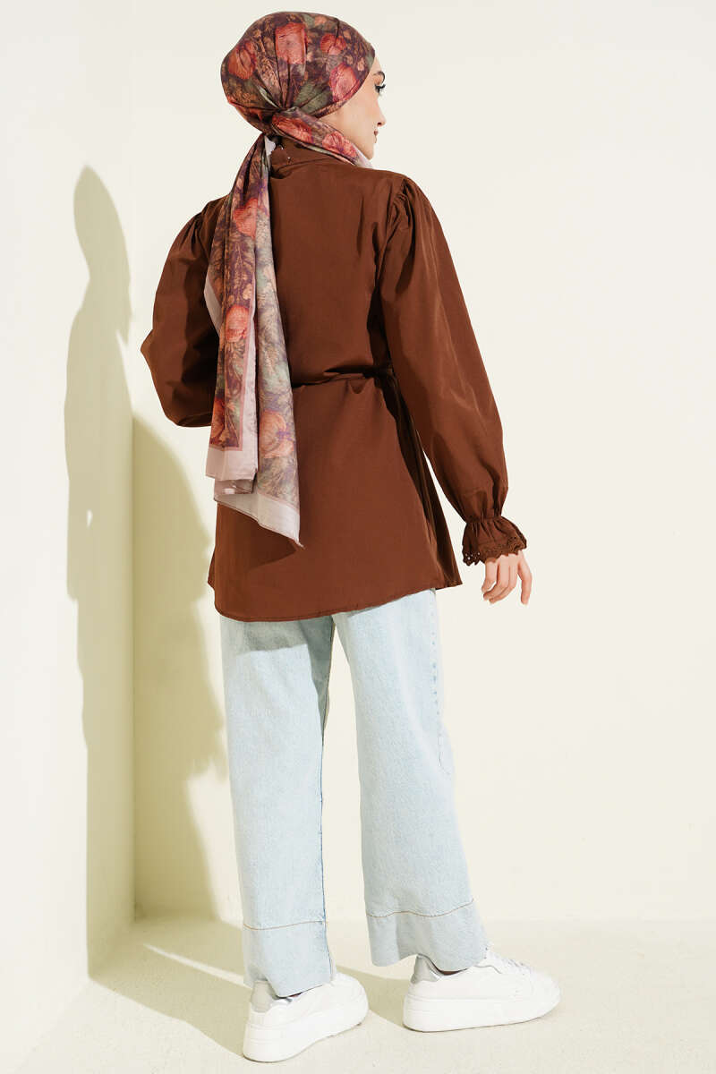 Guipure-Detail Shirt with Elastic Cuffs - Brown