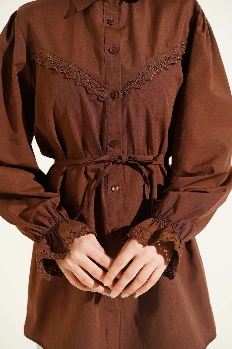 Guipure-Detail Shirt with Elastic Cuffs - Brown