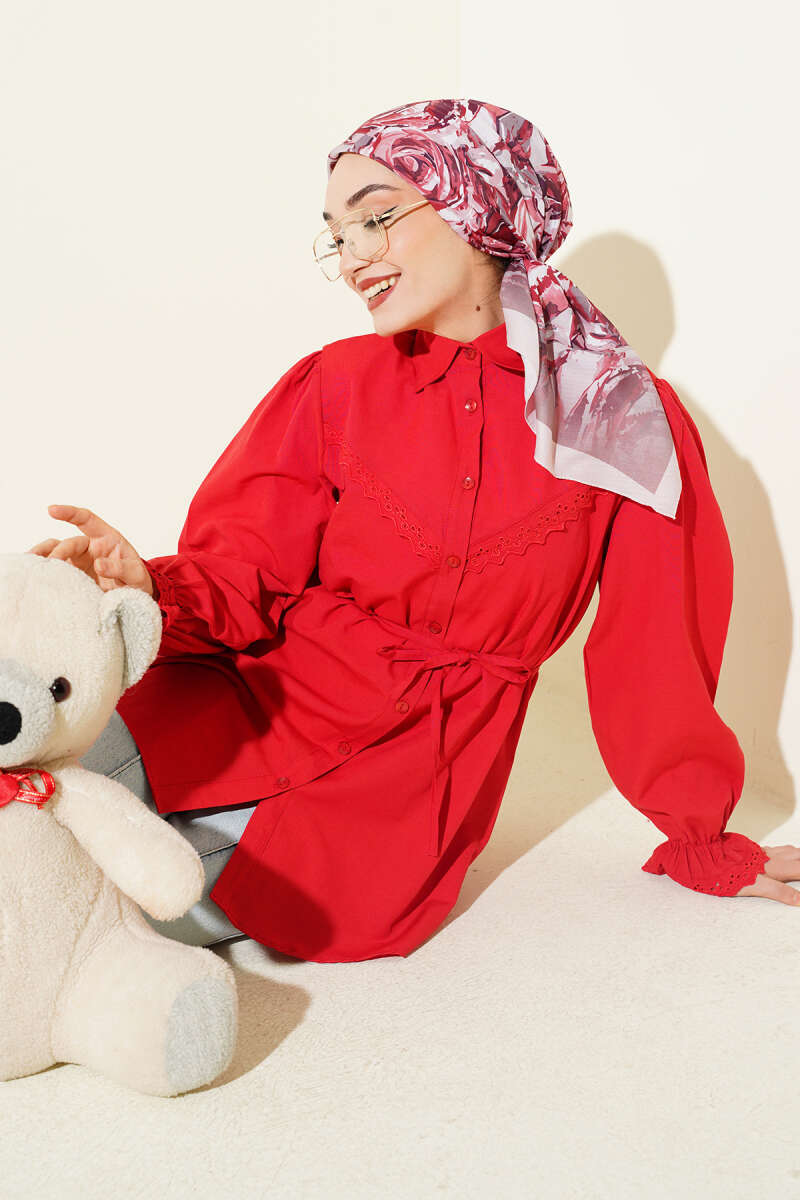 Guipure-Detail Shirt with Elastic Cuffs - Red