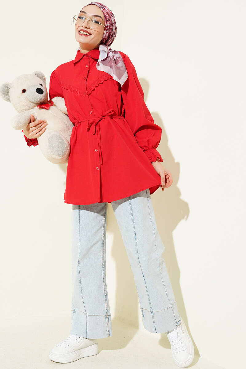 Guipure-Detail Shirt with Elastic Cuffs - Red