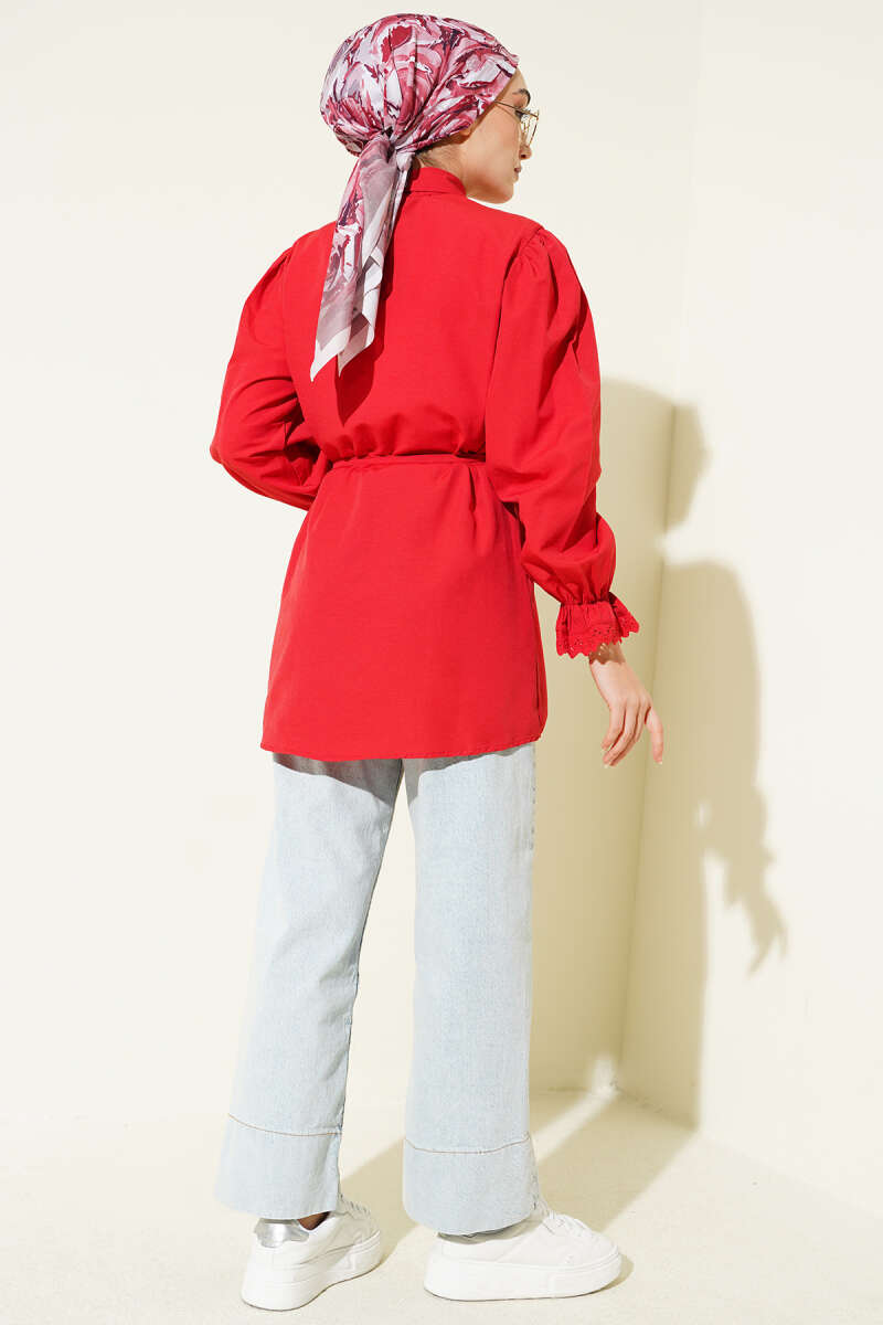 Guipure-Detail Shirt with Elastic Cuffs - Red