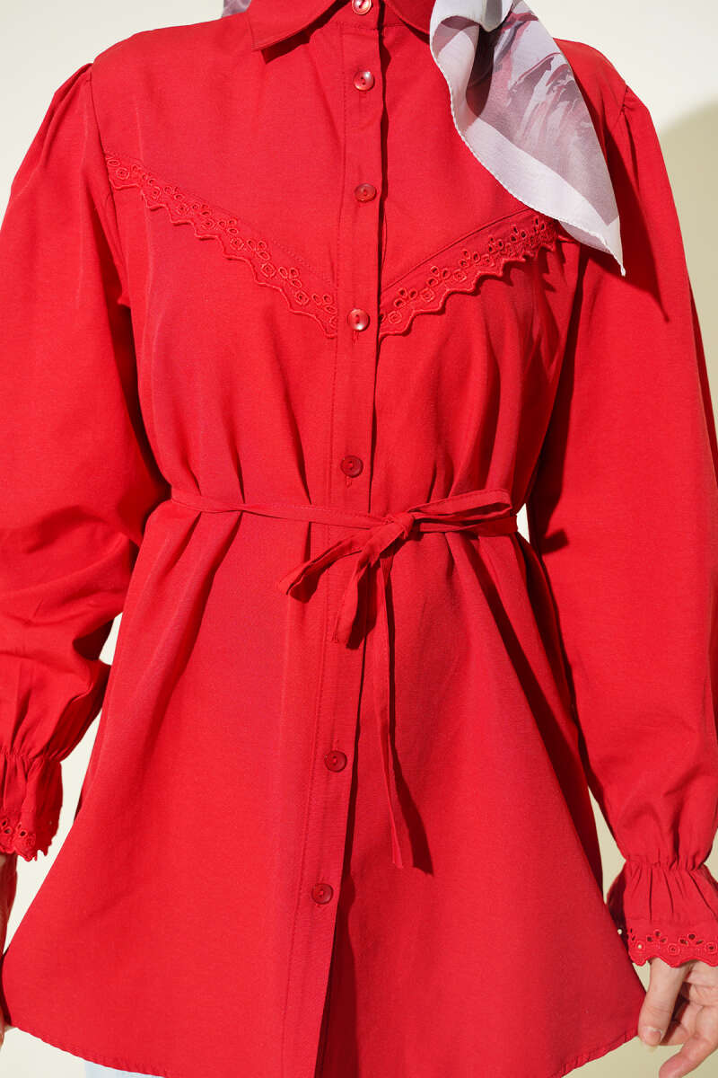 Guipure-Detail Shirt with Elastic Cuffs - Red