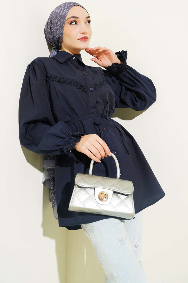 Guipure-Detail Shirt with Elastic Cuffs - Navy