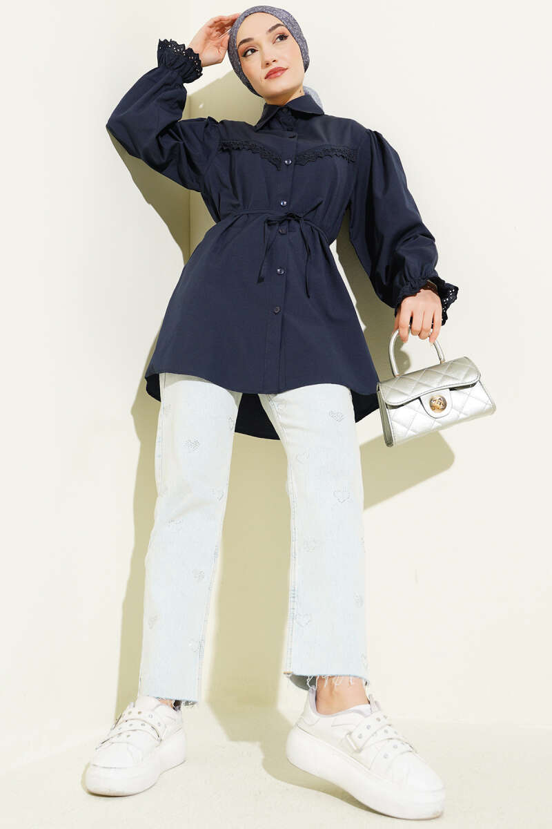 Guipure-Detail Shirt with Elastic Cuffs - Navy