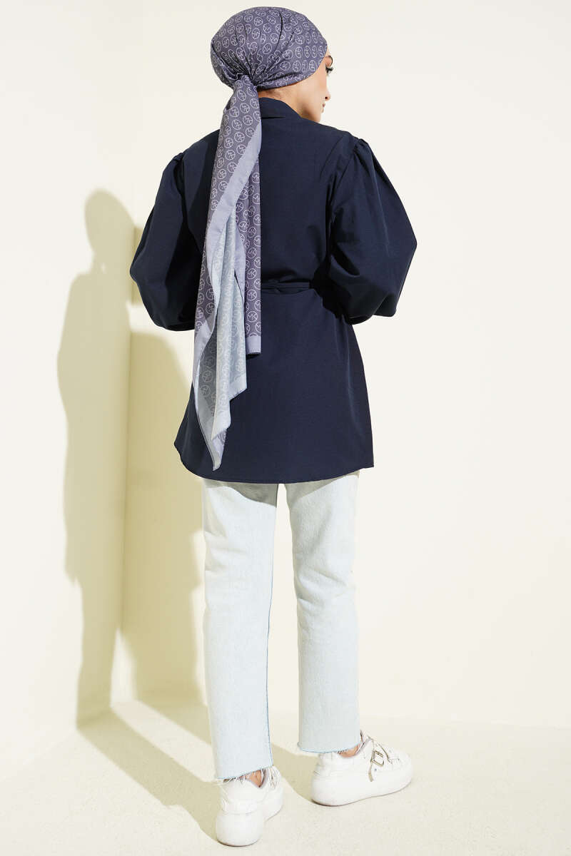 Guipure-Detail Shirt with Elastic Cuffs - Navy