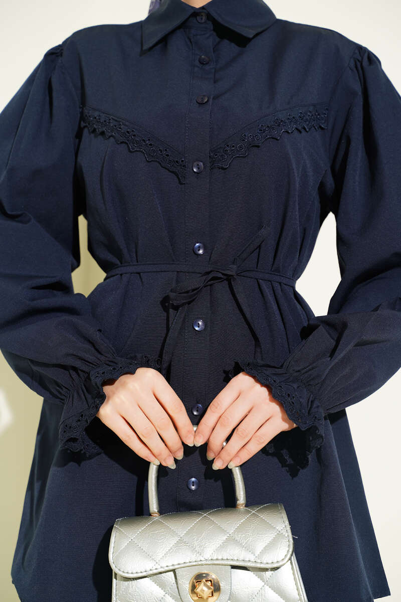 Guipure-Detail Shirt with Elastic Cuffs - Navy