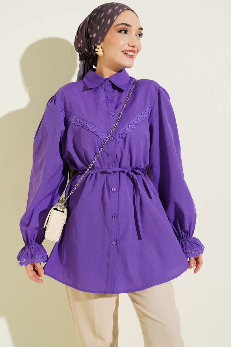 Guipure-Detail Shirt with Elastic Cuffs - Purple