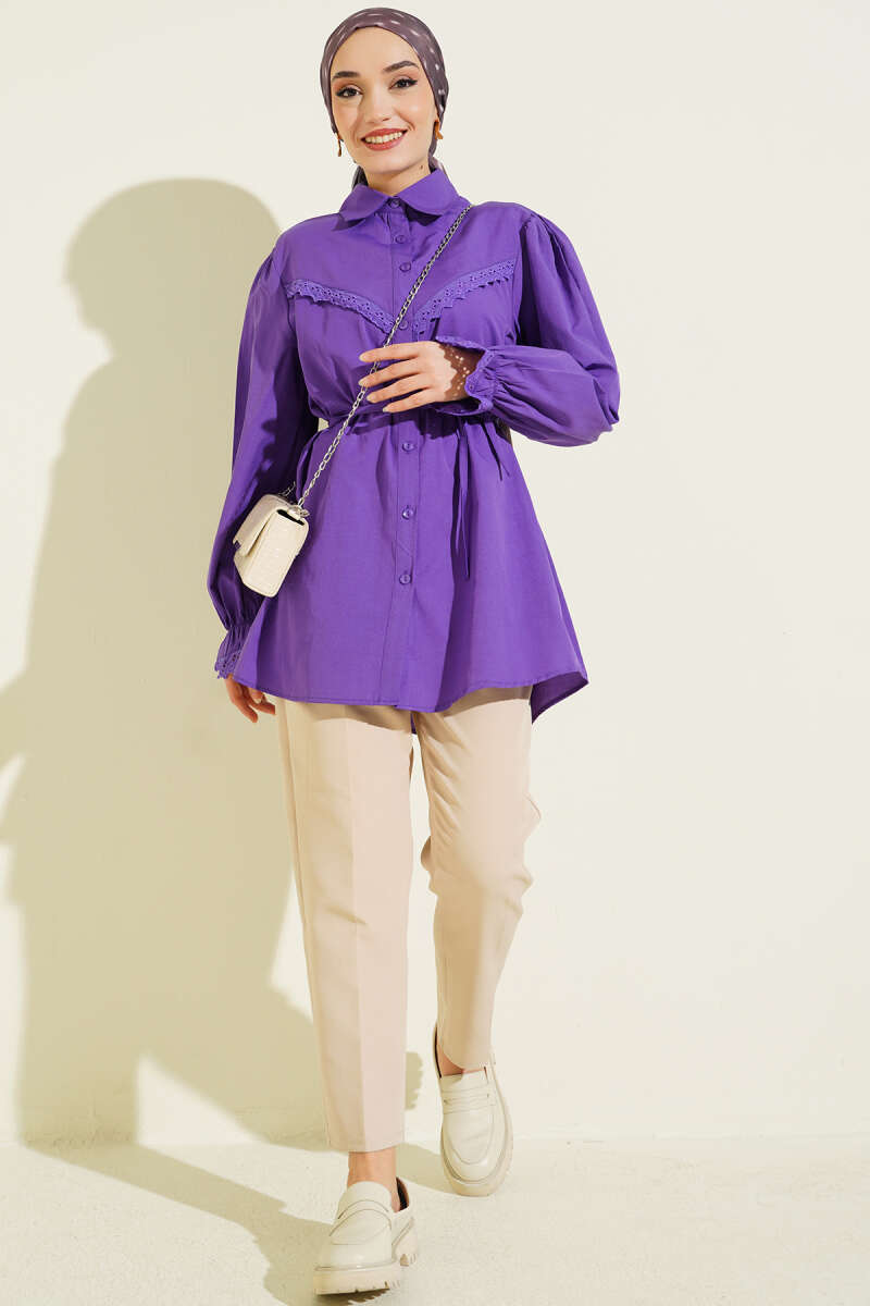 Guipure-Detail Shirt with Elastic Cuffs - Purple