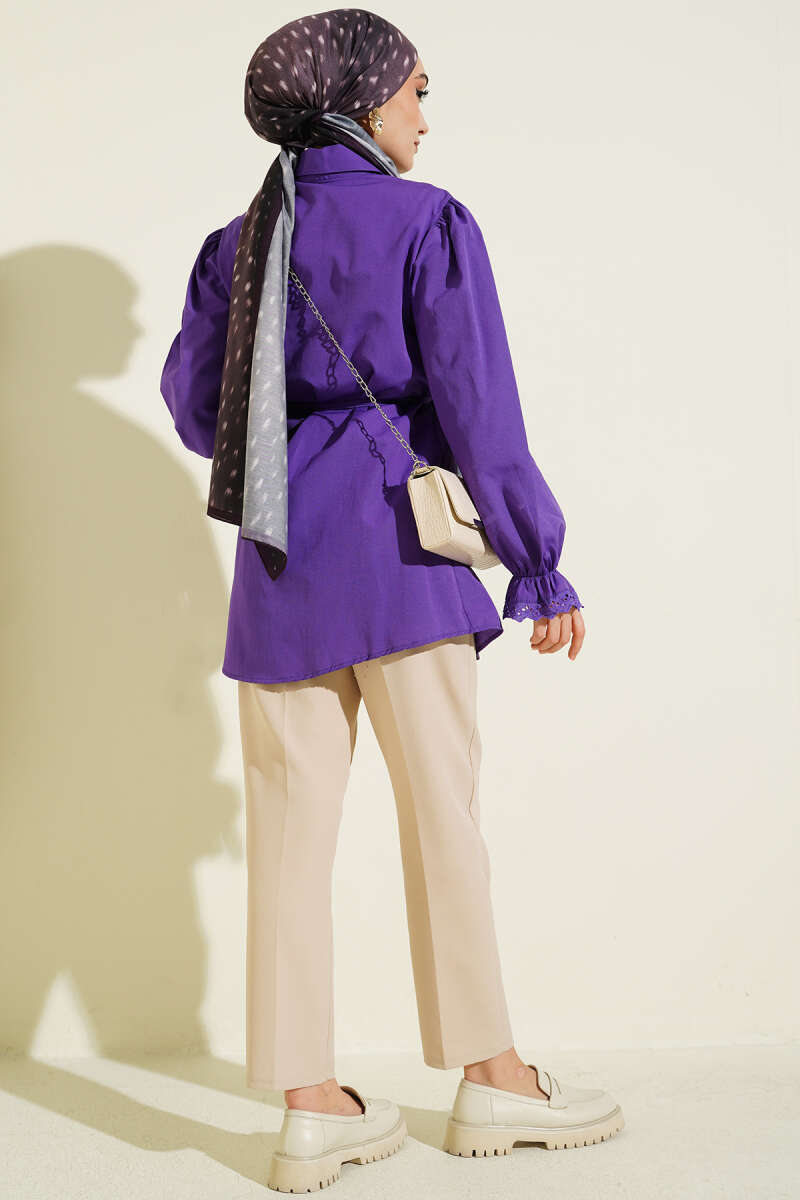 Guipure-Detail Shirt with Elastic Cuffs - Purple