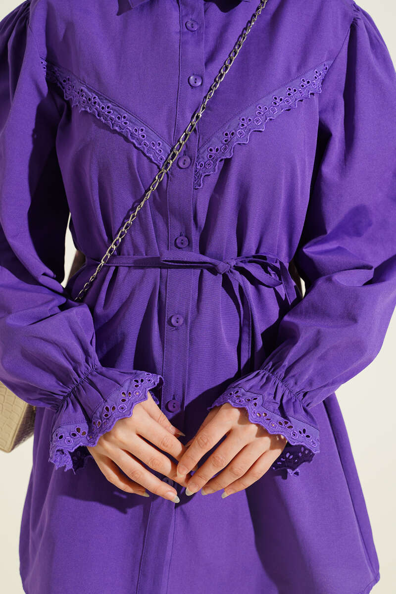 Guipure-Detail Shirt with Elastic Cuffs - Purple