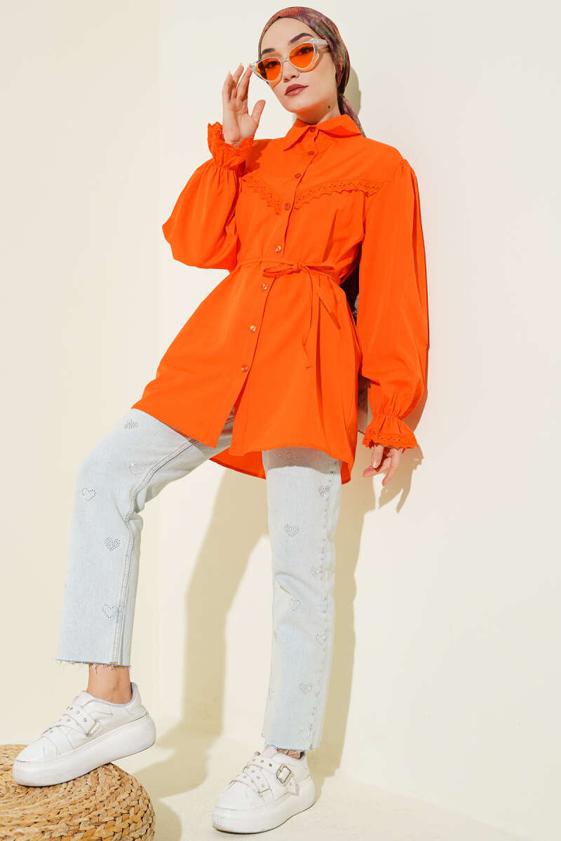 Guipure-Detail Shirt with Elastic Cuffs - Orange