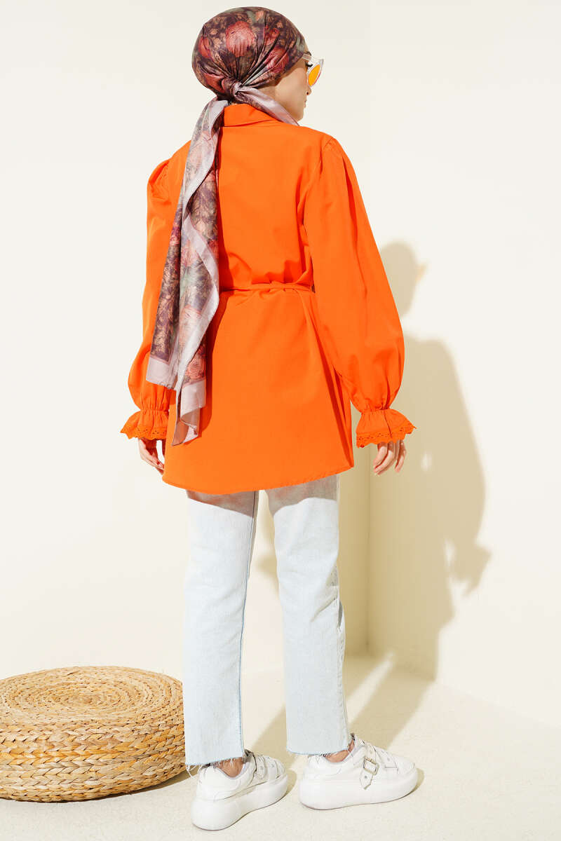 Guipure-Detail Shirt with Elastic Cuffs - Orange