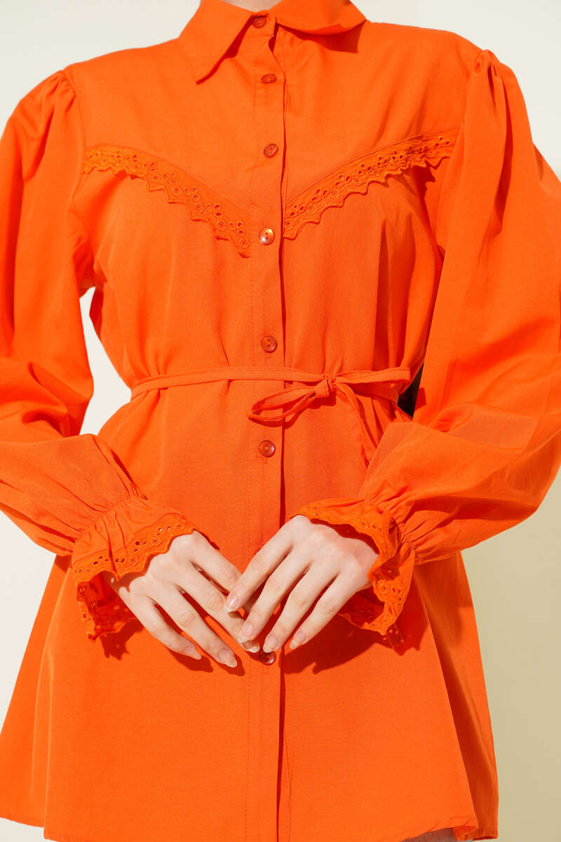 Guipure-Detail Shirt with Elastic Cuffs - Orange
