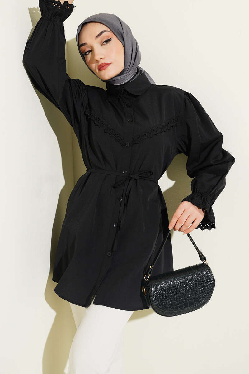 Guipure-Detail Shirt with Elastic Cuffs - Black