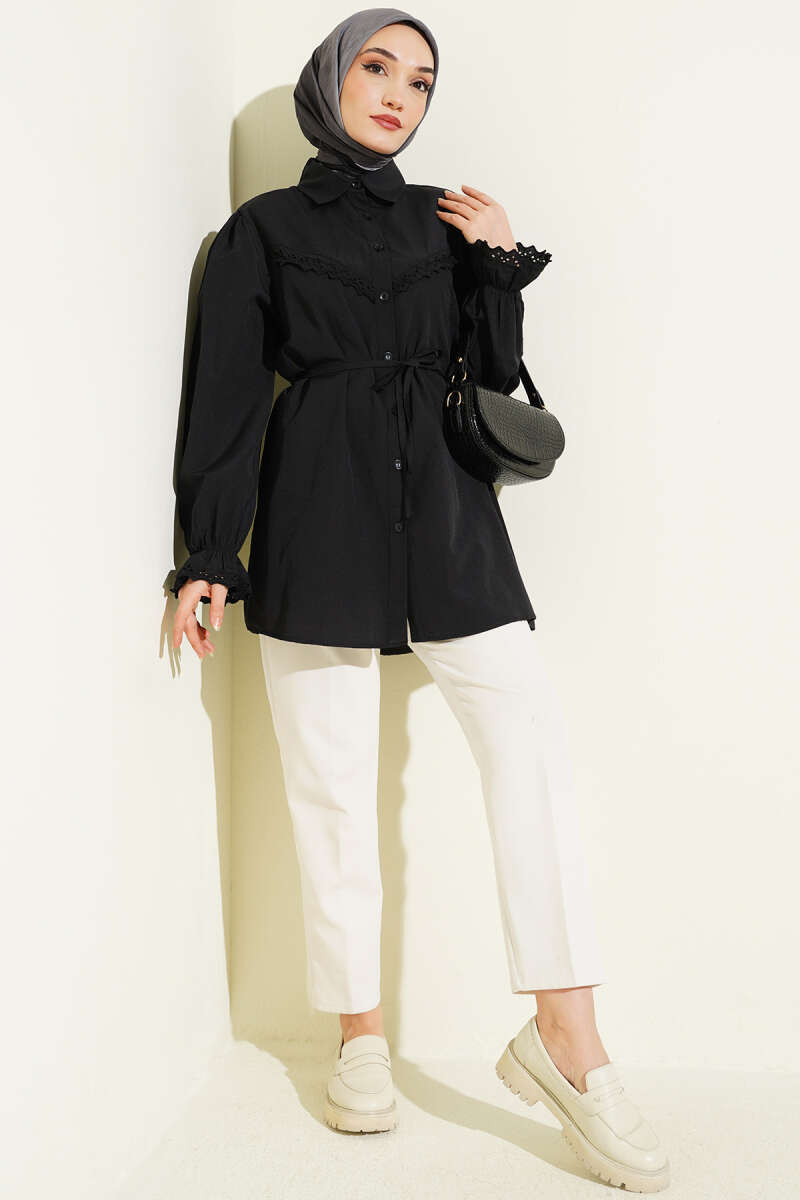 Guipure-Detail Shirt with Elastic Cuffs - Black