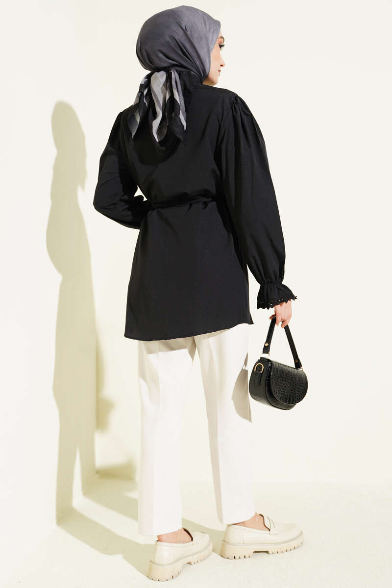 Guipure-Detail Shirt with Elastic Cuffs - Black