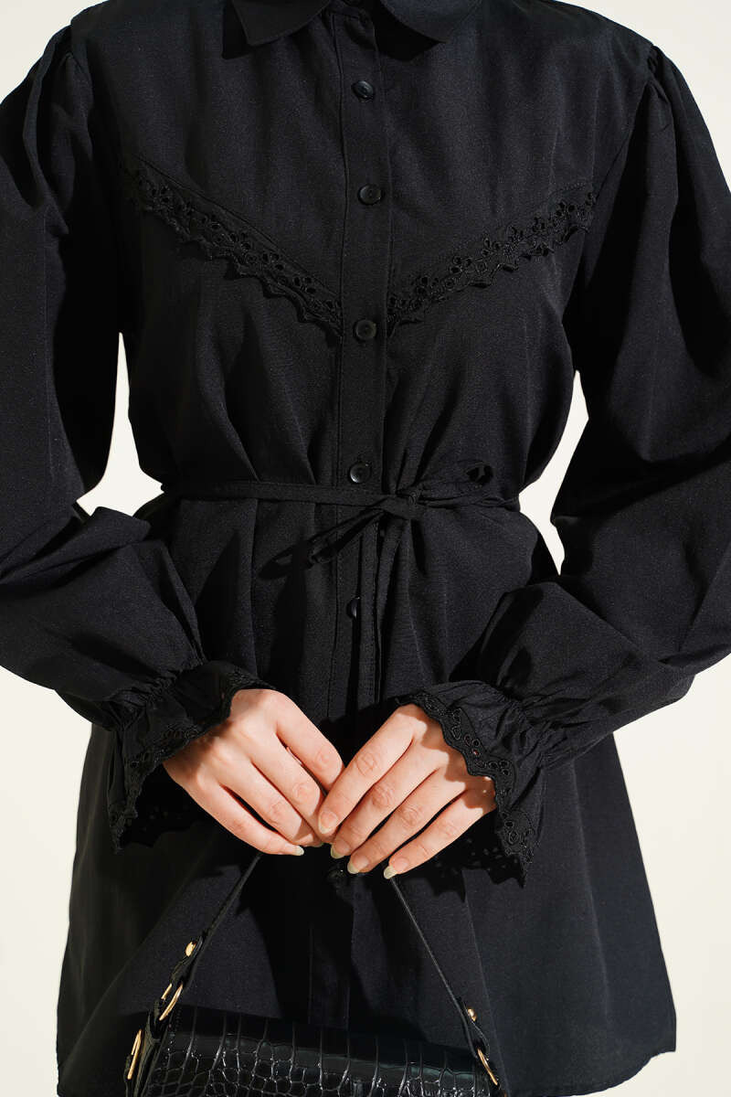 Guipure-Detail Shirt with Elastic Cuffs - Black
