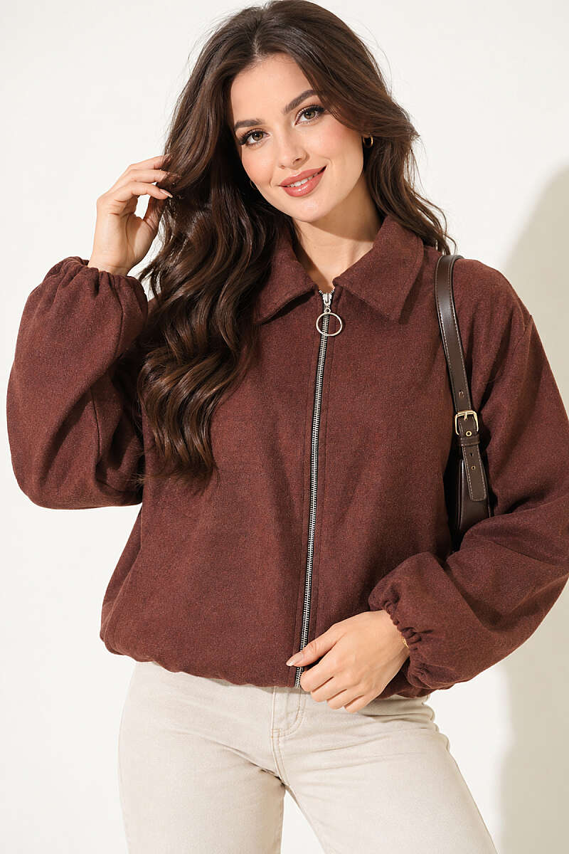 Felt Bomber Jacket with Elastic Cuffs - Brown
