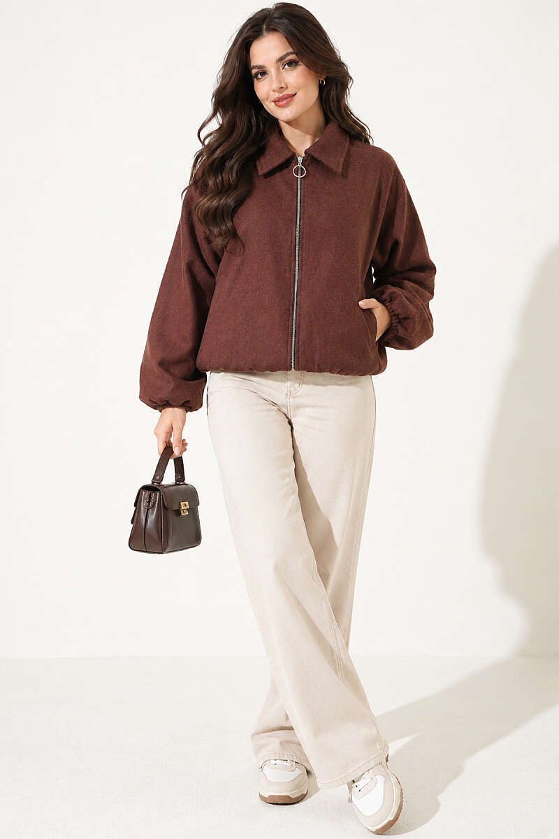 Felt Bomber Jacket with Elastic Cuffs - Brown