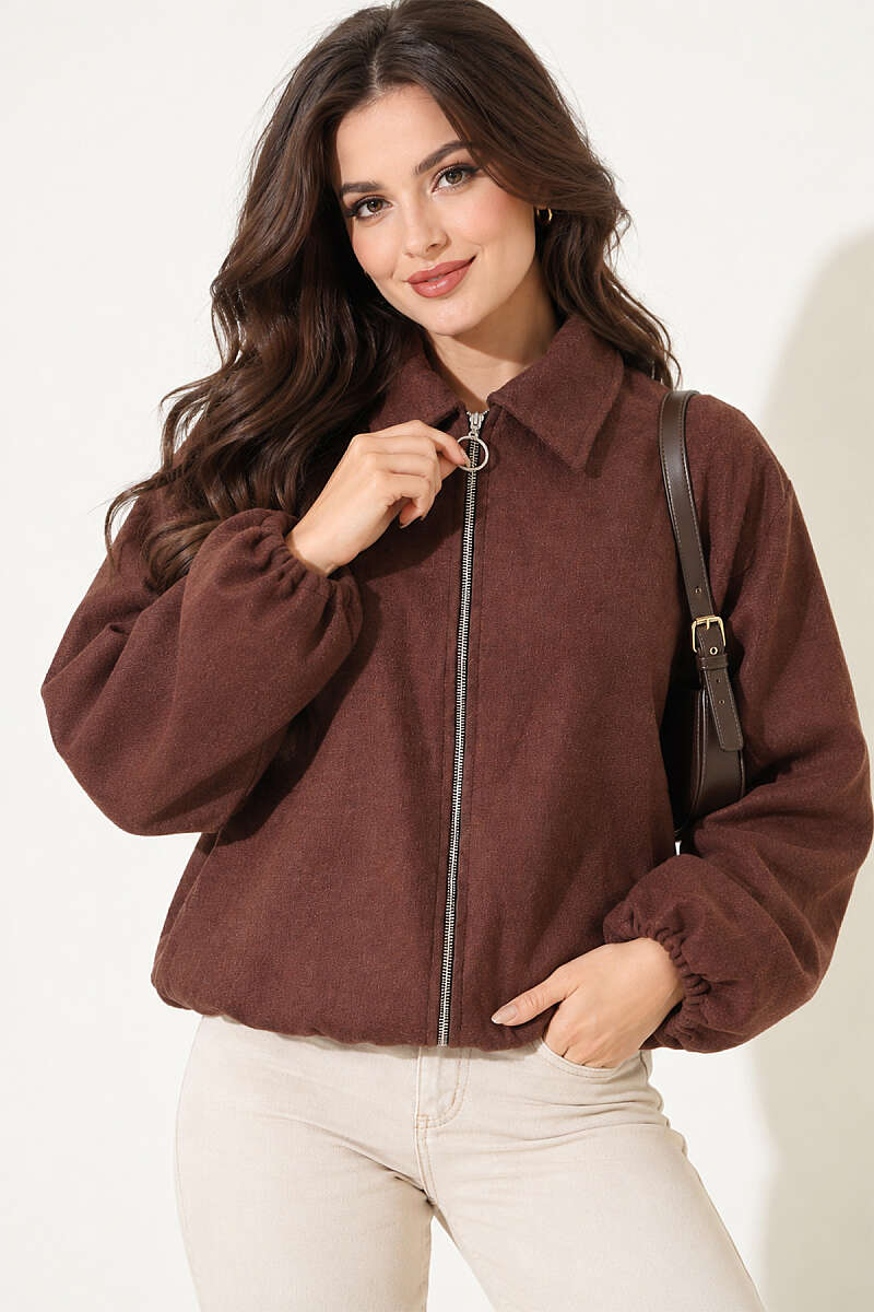 Felt Bomber Jacket with Elastic Cuffs - Brown