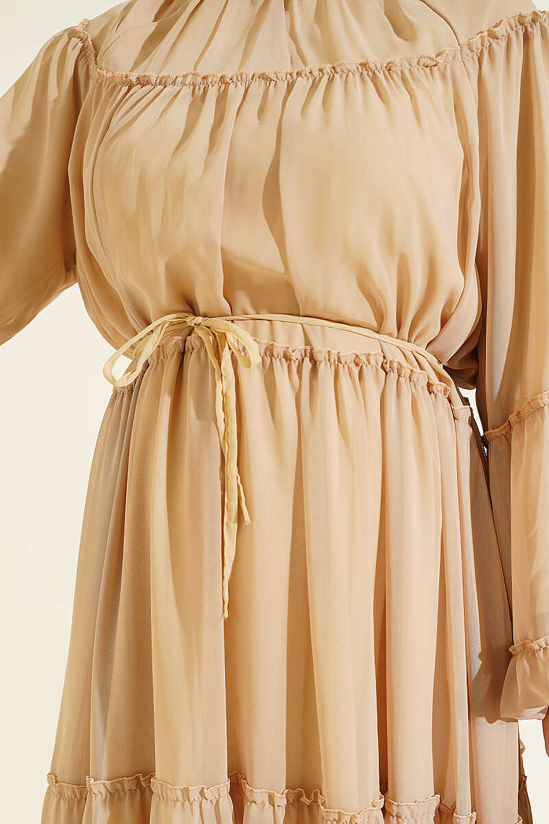 Tiered Chiffon Dress with Elastic Cuffs - Beige