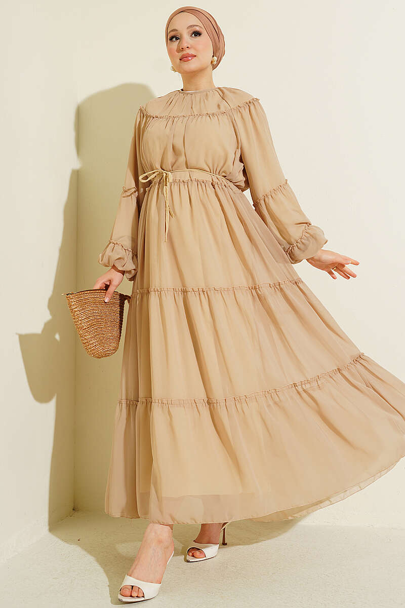 Tiered Chiffon Dress with Elastic Cuffs - Beige