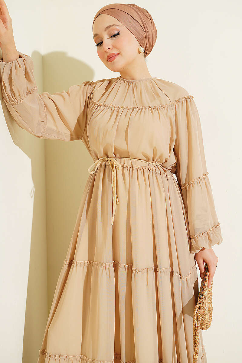 Tiered Chiffon Dress with Elastic Cuffs - Beige