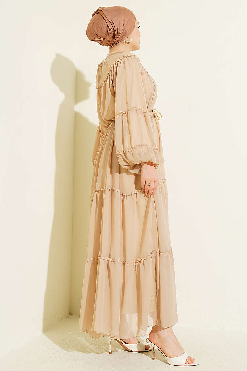 Tiered Chiffon Dress with Elastic Cuffs - Beige