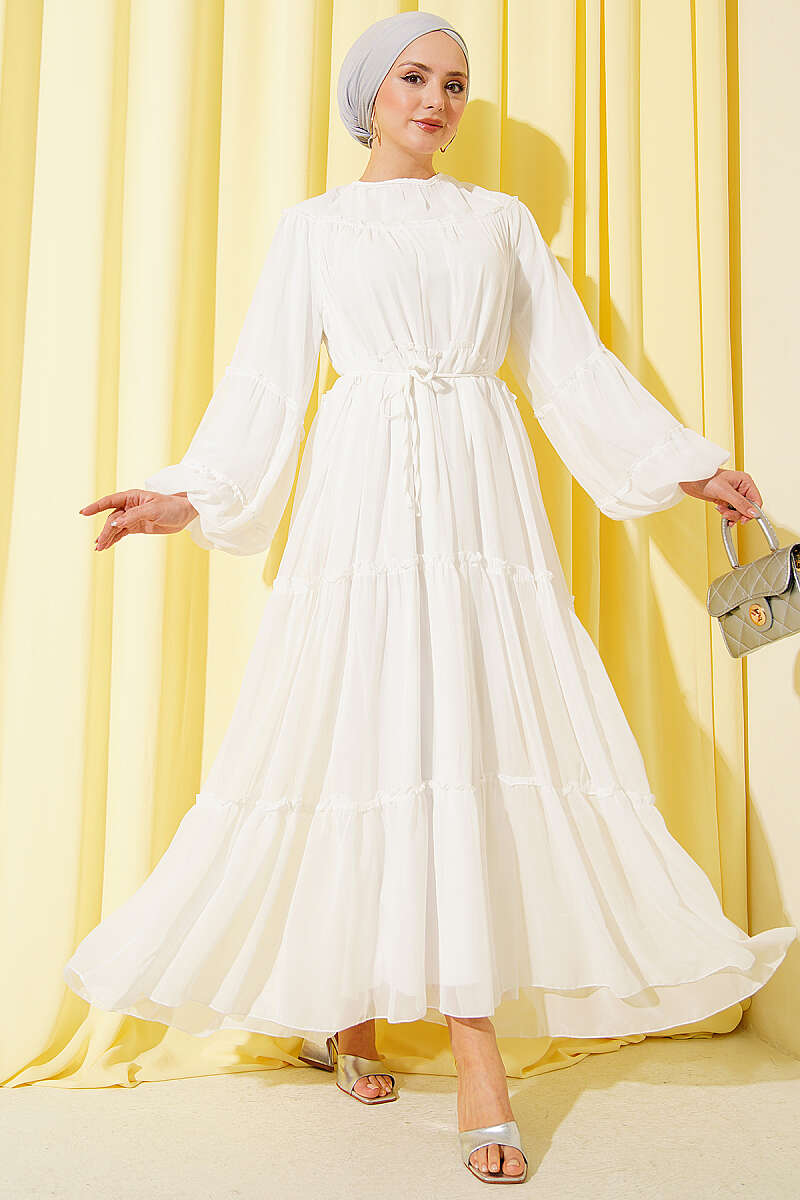 Tiered Chiffon Dress with Elastic Cuffs - Ecru