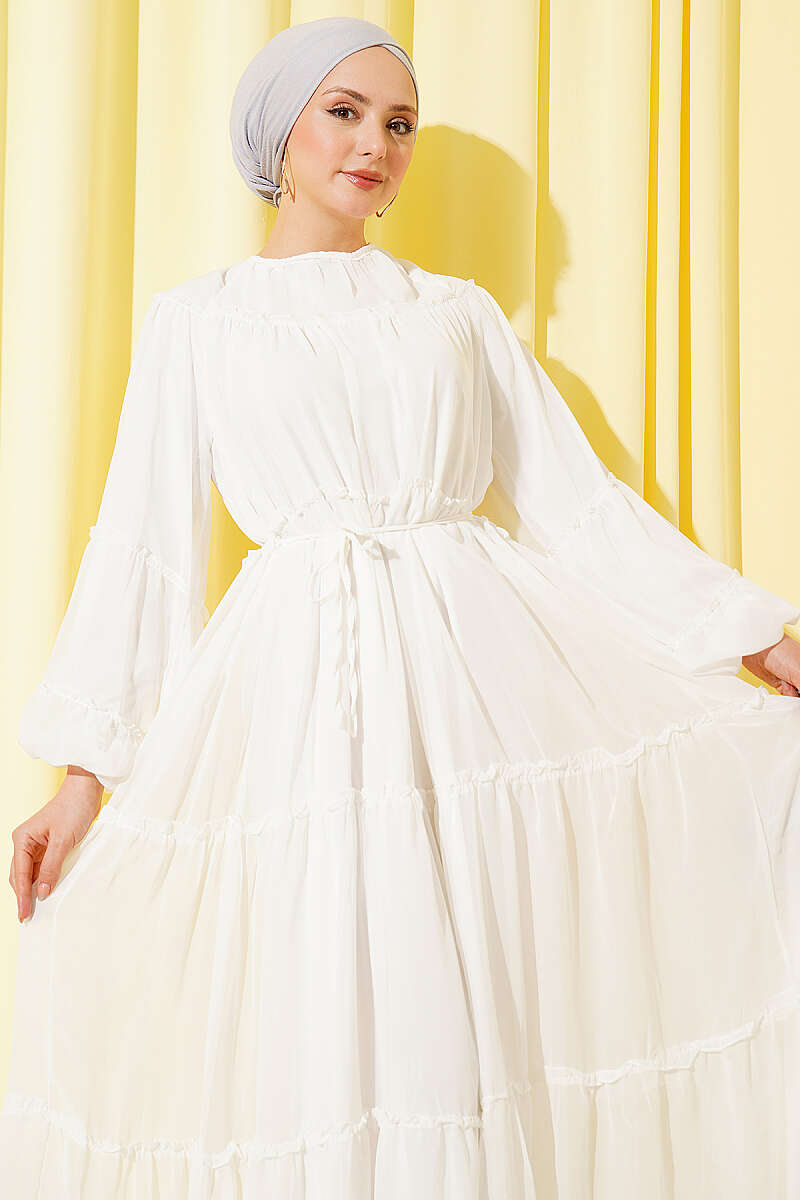 Tiered Chiffon Dress with Elastic Cuffs - Ecru