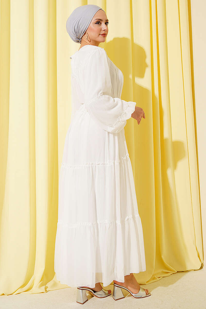 Tiered Chiffon Dress with Elastic Cuffs - Ecru