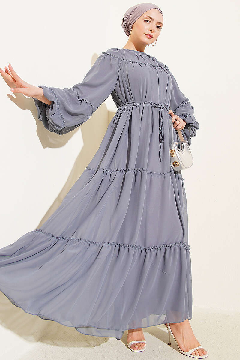 Tiered Chiffon Dress with Elastic Cuffs - Smoke Grey