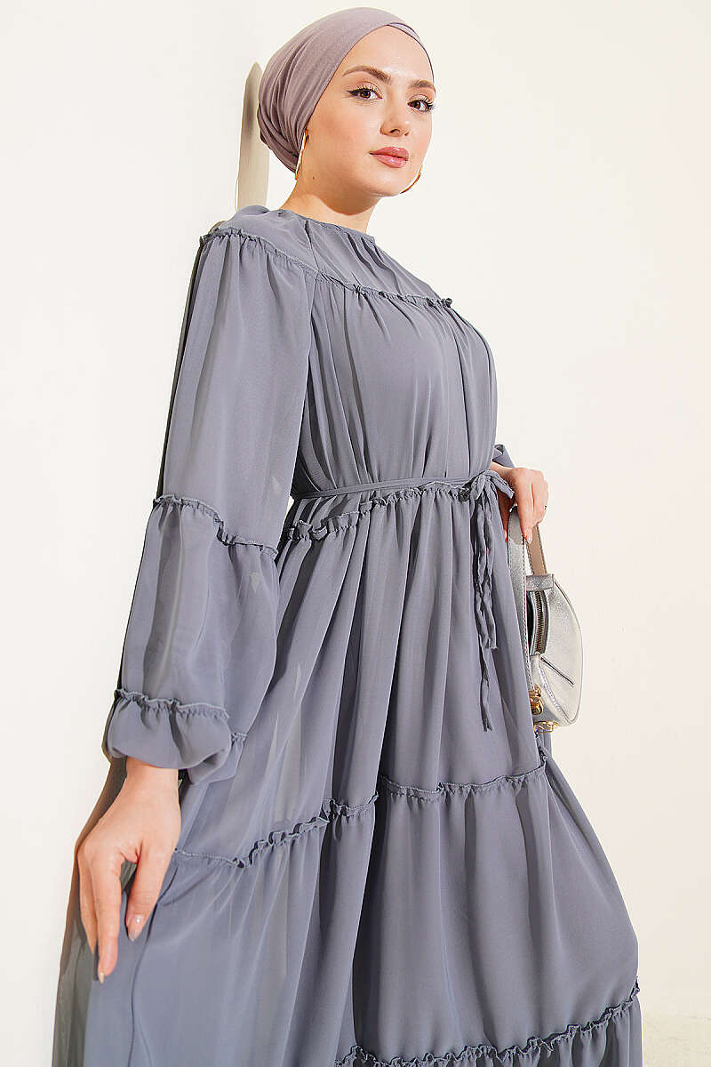 Tiered Chiffon Dress with Elastic Cuffs - Smoke Grey