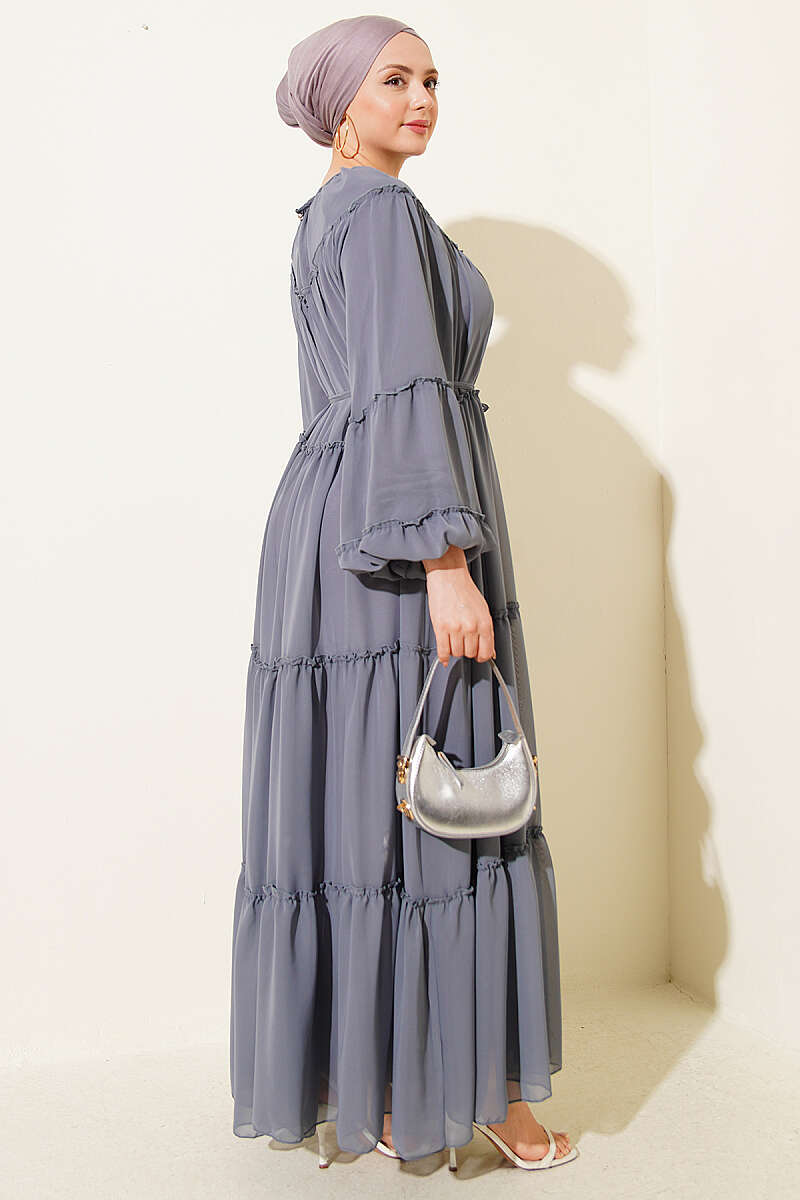 Tiered Chiffon Dress with Elastic Cuffs - Smoke Grey