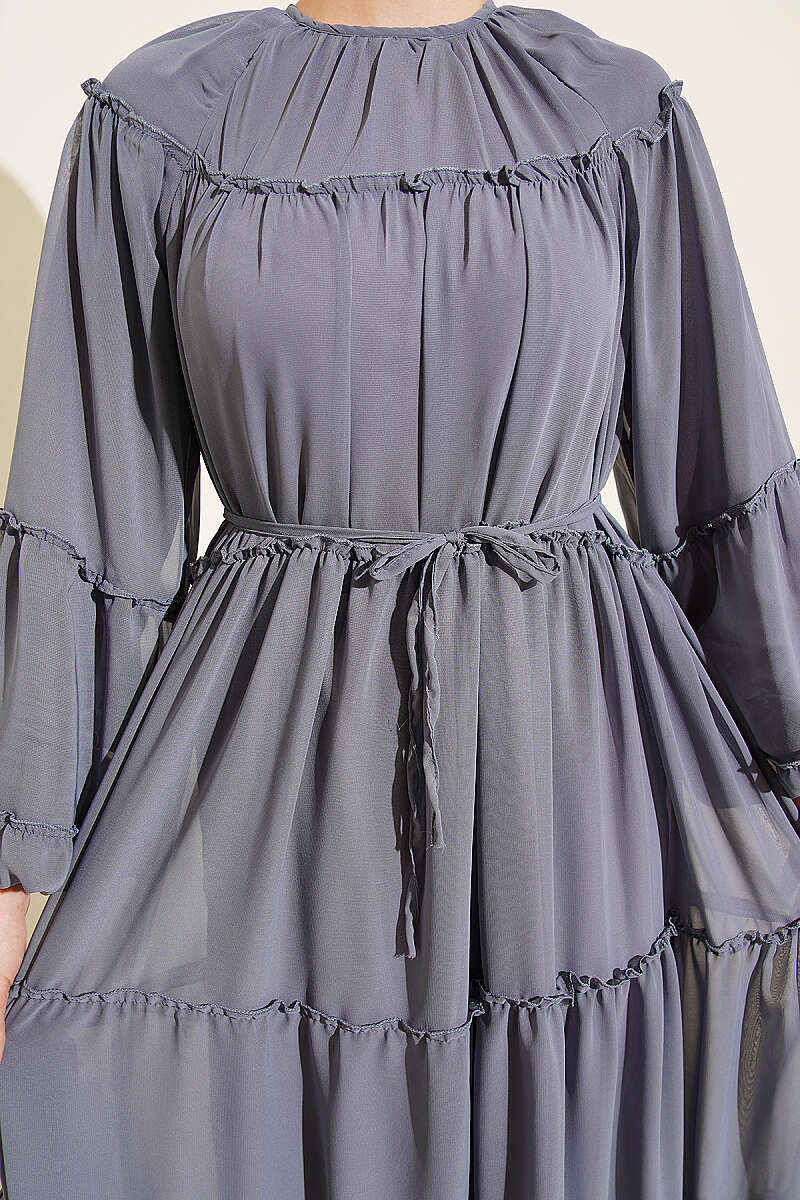 Tiered Chiffon Dress with Elastic Cuffs - Smoke Grey