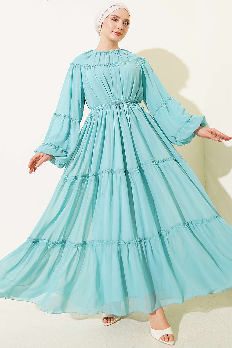 Tiered Chiffon Dress with Elastic Cuffs - Mint