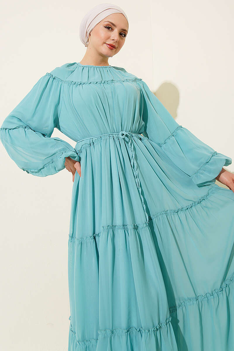Tiered Chiffon Dress with Elastic Cuffs - Mint