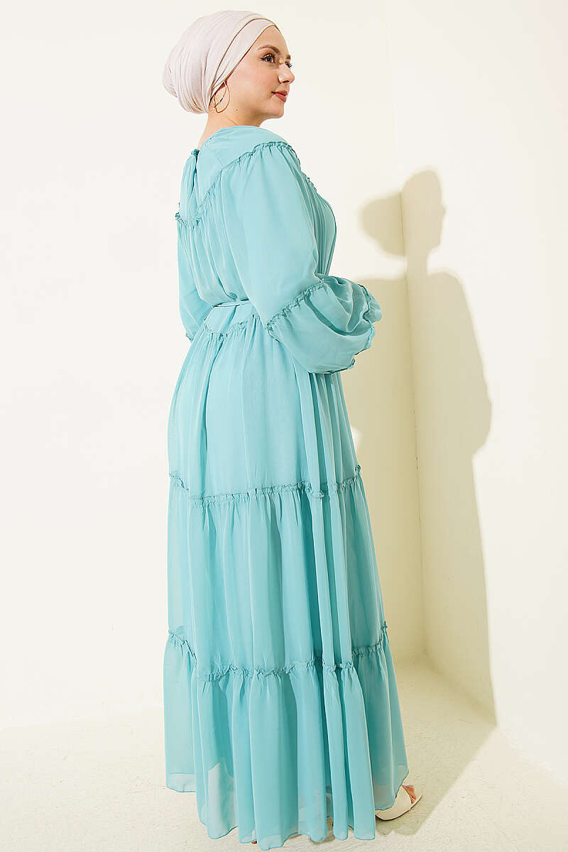 Tiered Chiffon Dress with Elastic Cuffs - Mint
