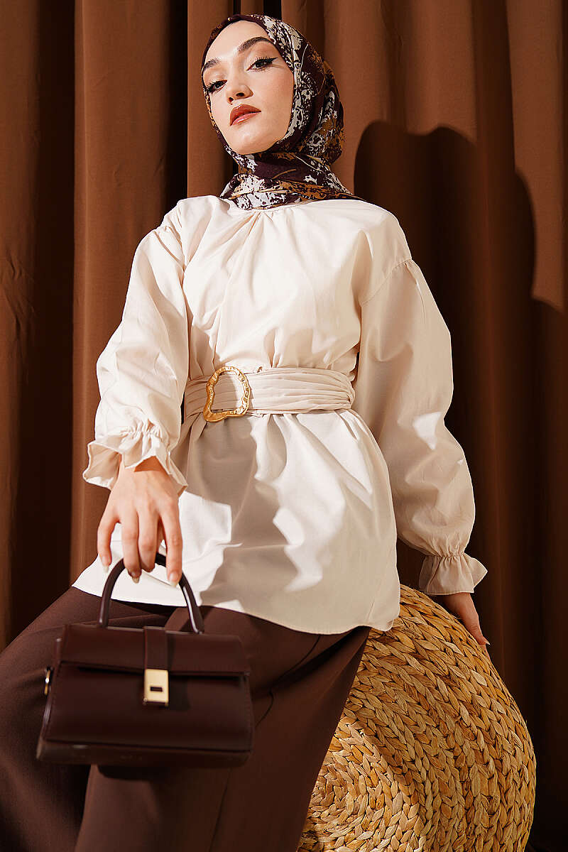 Belted Poplin Tunic with Elastic Cuffs - Beige