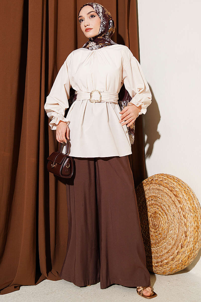 Belted Poplin Tunic with Elastic Cuffs - Beige