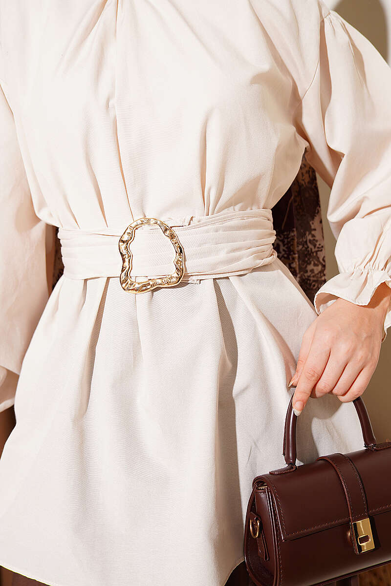 Belted Poplin Tunic with Elastic Cuffs - Beige