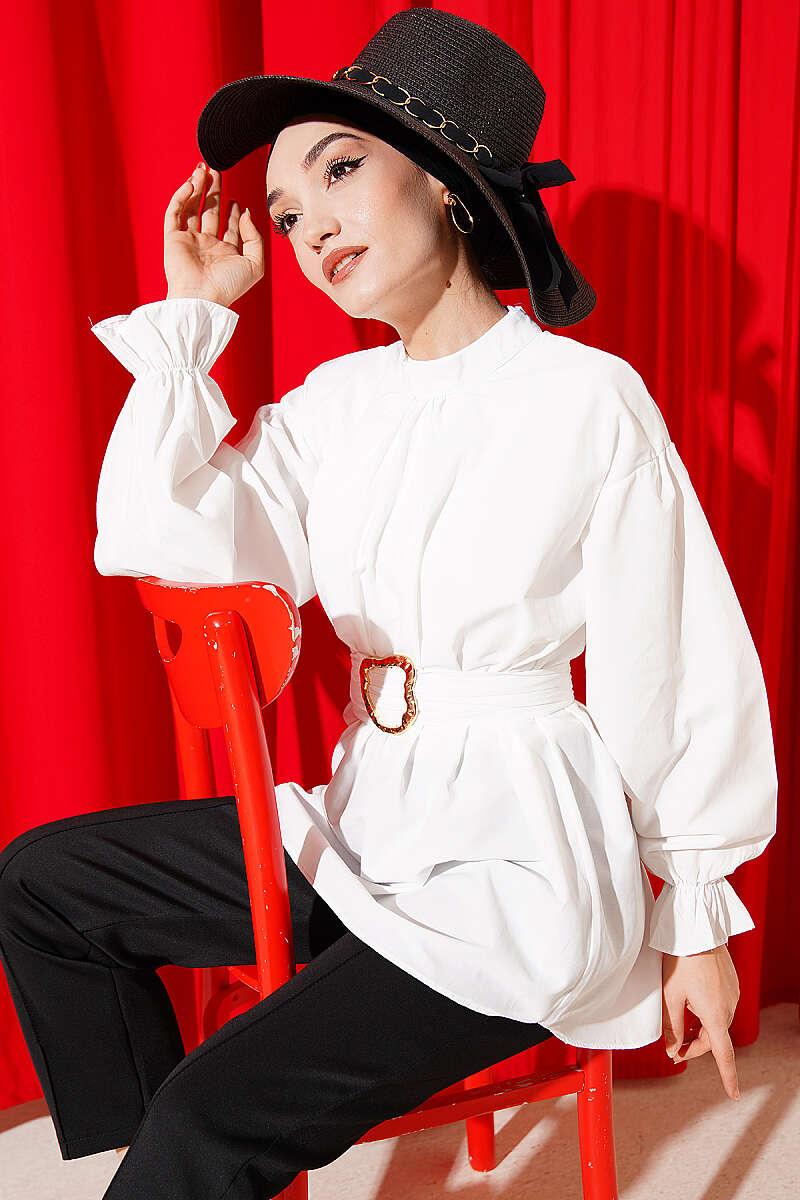 Belted Poplin Tunic with Elastic Cuffs - Ecru