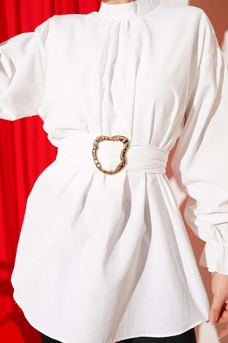 Belted Poplin Tunic with Elastic Cuffs - Ecru