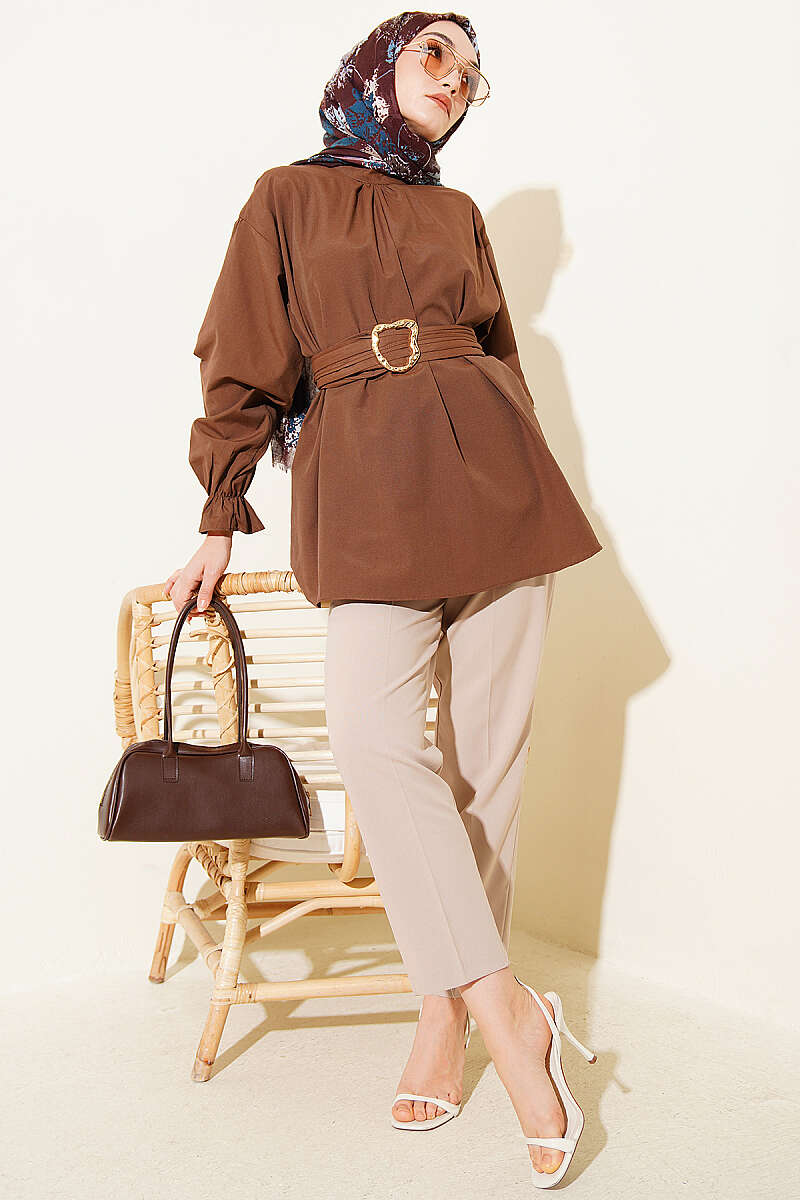 Belted Poplin Tunic with Elastic Cuffs - Brown